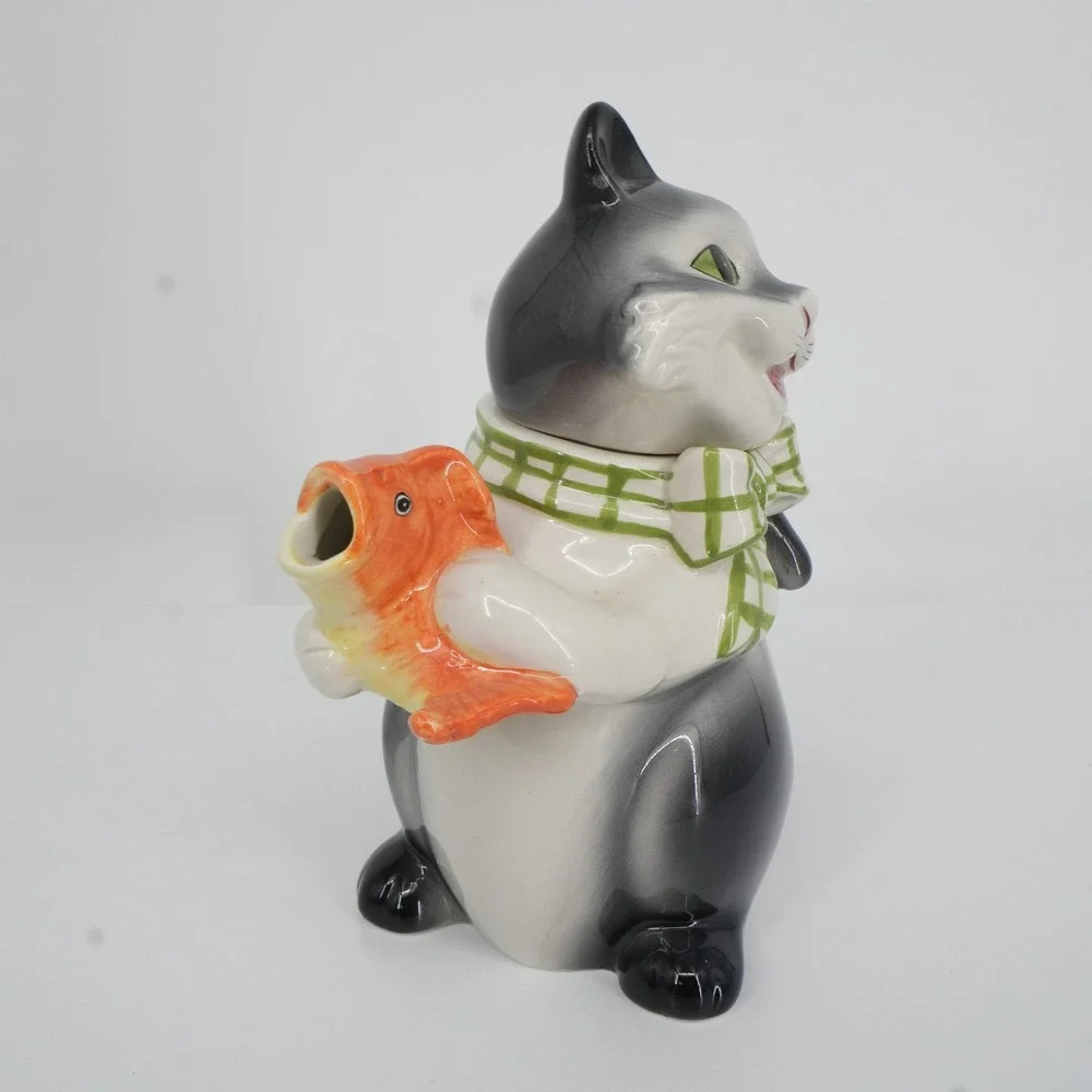 Cat Teapot Black Kitsch Whimsical Fish Spout Ceramic Tuxedo Tea Party Decor